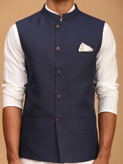 Vastramay Men's Navy Blue Solid Cotton Nehru Jacket With White Kurta And Pyjama Set